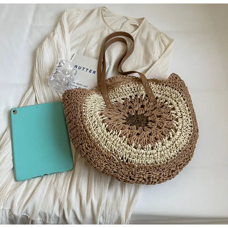 Women's Straw Woven Shoulder Bag Large Capacity Contrast Color — feature 39