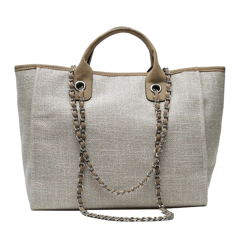 Women's Chain Tote Bag Large Capacity Beige Leather - Image 5