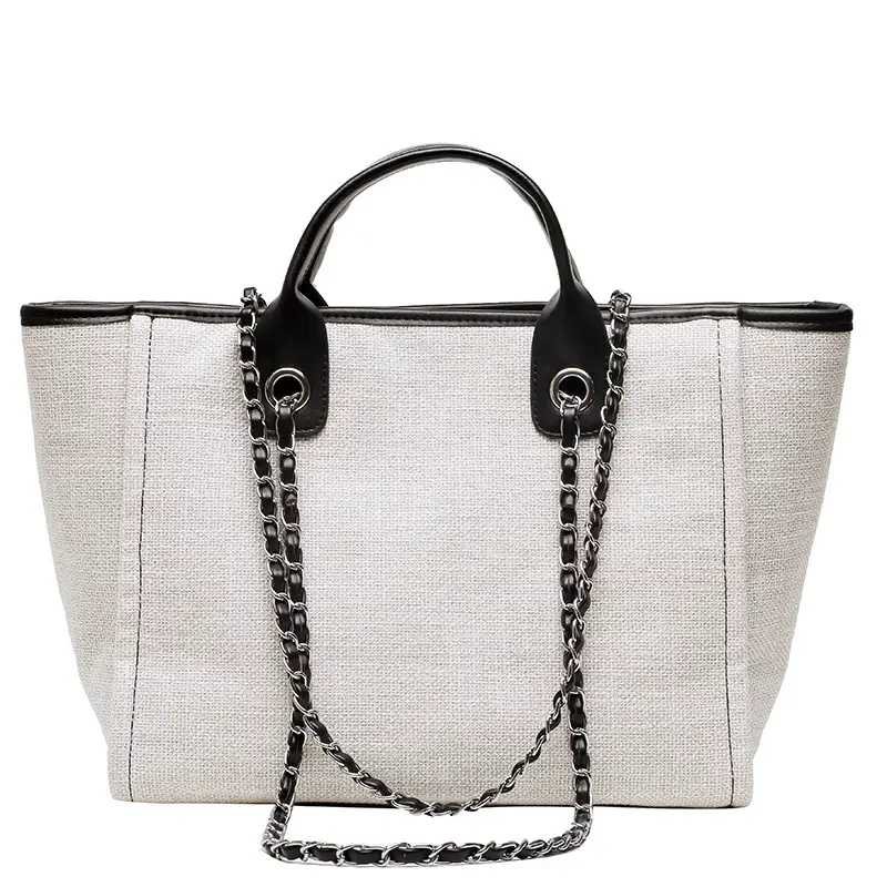 Women's Chain Tote Bag Large Capacity Beige Leather - Image 6