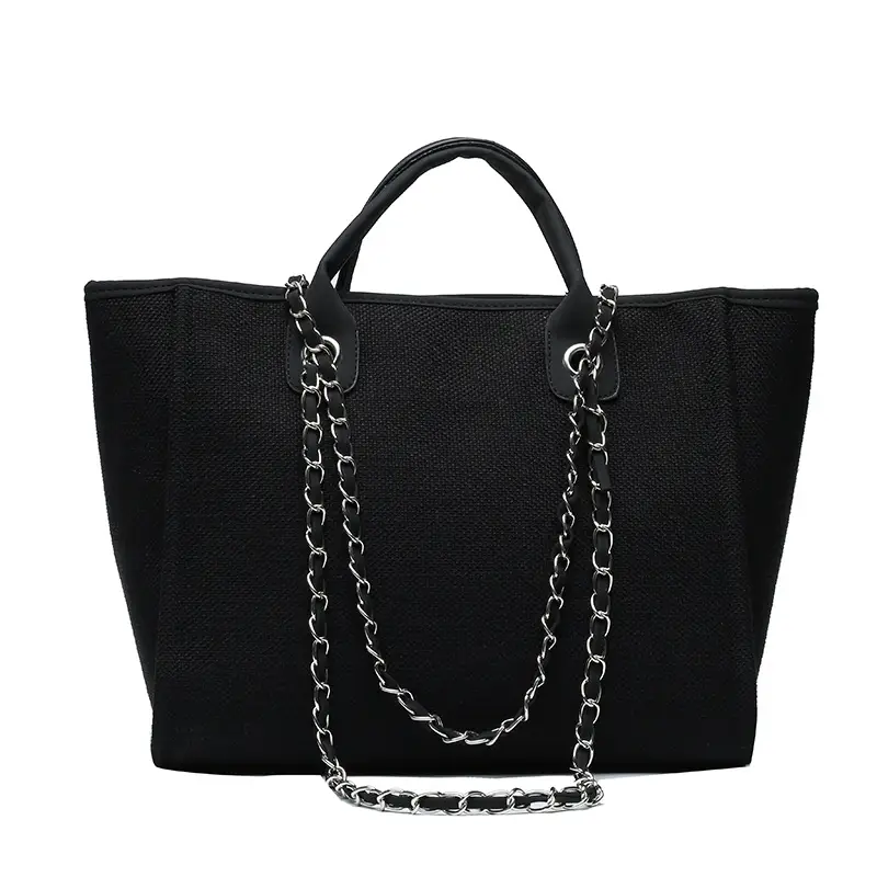 Women's Chain Tote Bag Large Capacity Beige Leather - Image 7
