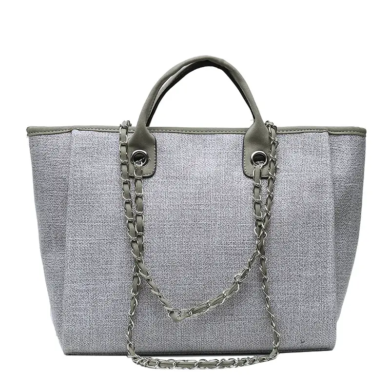 Women's Chain Tote Bag Large Capacity Beige Leather - Image 8