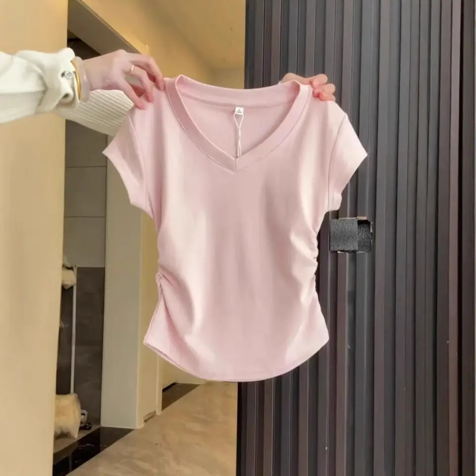 Pure Cotton V-Neck Short-Sleeve T-Shirt for Women, Summer Slim-Fit, Slimming, Pleated Design, Short Top, Trendy 2026 New Model