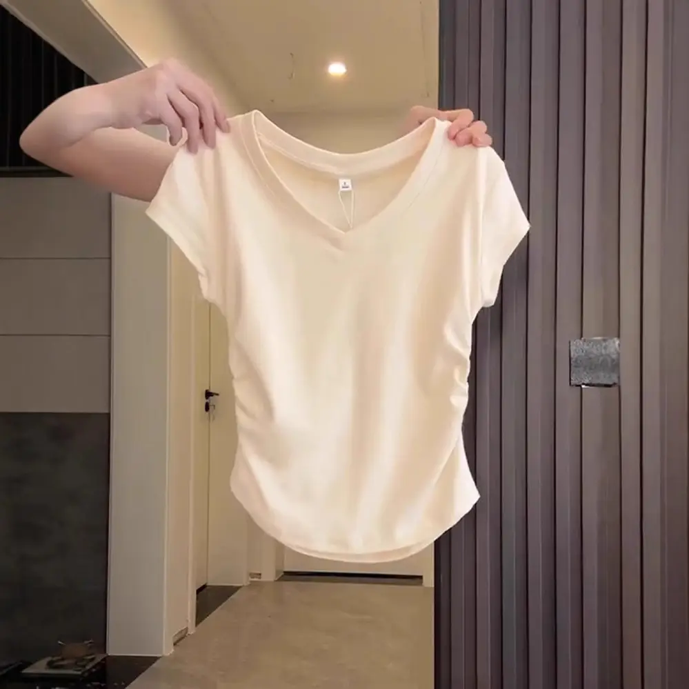 Pure Cotton V-Neck Short-Sleeve T-Shirt for Women, Summer Slim-Fit, Slimming, Pleated Design, Short Top, Trendy 2026 New Model