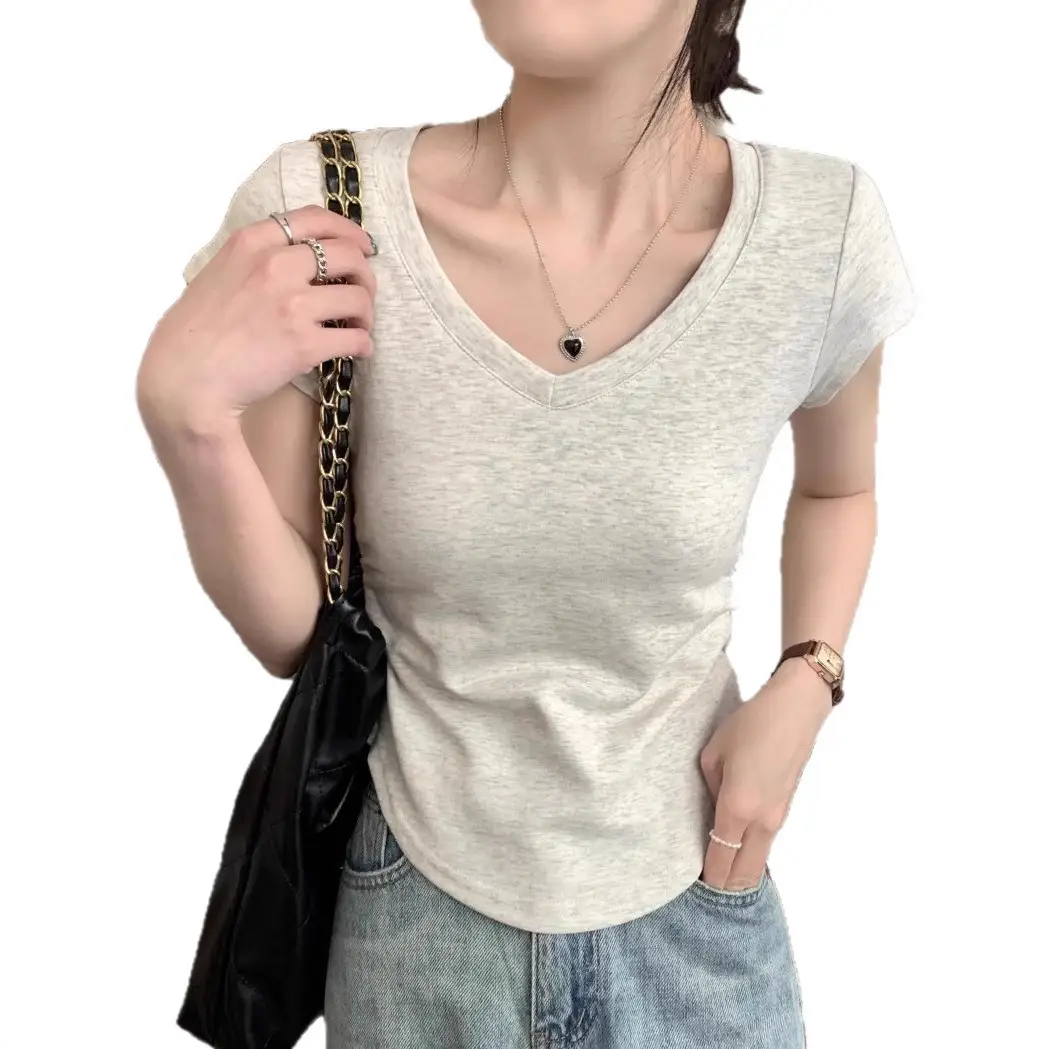 Pure Cotton V-Neck Short-Sleeve T-Shirt for Women, Summer Slim-Fit, Slimming, Pleated Design, Short Top, Trendy 2026 New Model