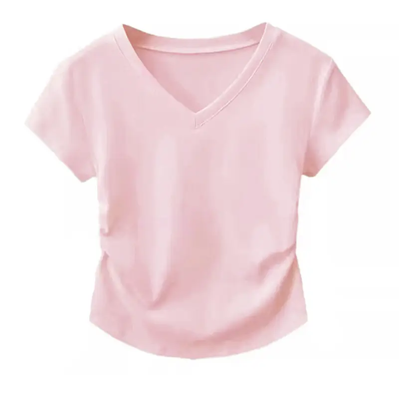 Pure Cotton V-Neck Short-Sleeve T-Shirt for Women, Summer Slim-Fit, Slimming, Pleated Design, Short Top, Trendy 2026 New Model