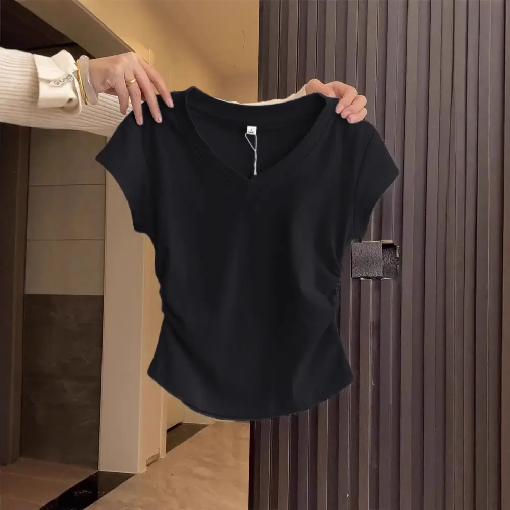 Pure Cotton V-Neck Short-Sleeve T-Shirt for Women, Summer Slim-Fit, Slimming, Pleated Design, Short Top, Trendy 2026 New Model
