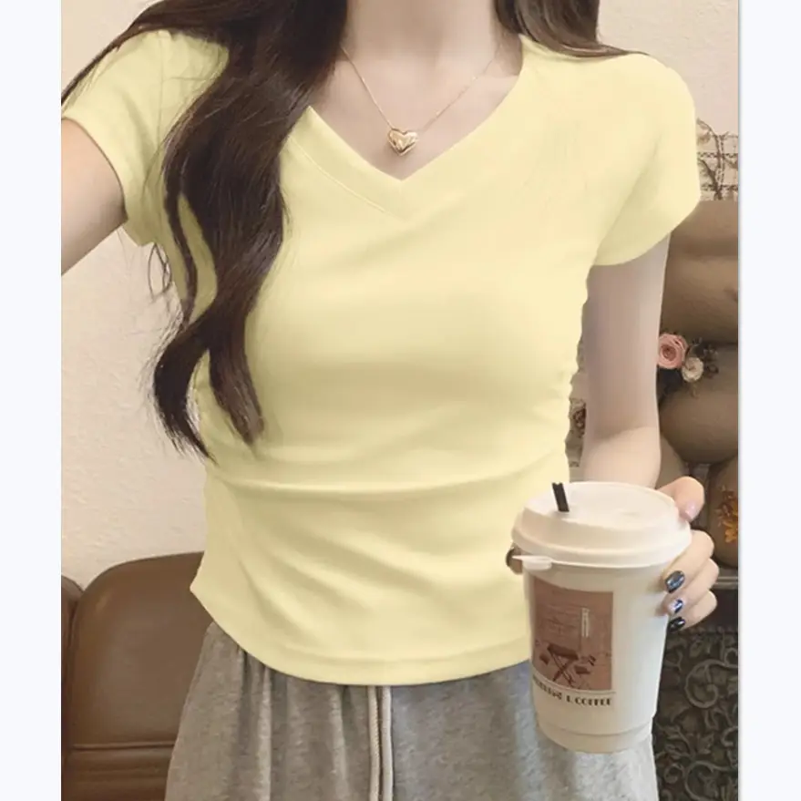 Pure Cotton V-Neck Short-Sleeve T-Shirt for Women, Summer Slim-Fit, Slimming, Pleated Design, Short Top, Trendy 2026 New Model