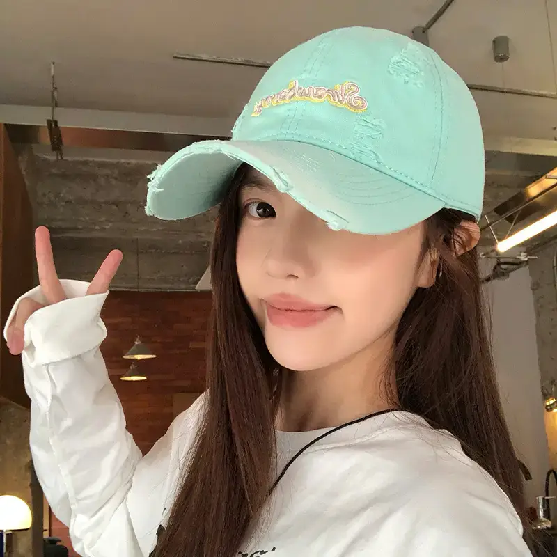 Women Distressed Baseball Cap Wide Brim Light Blue 2025 - Image 9