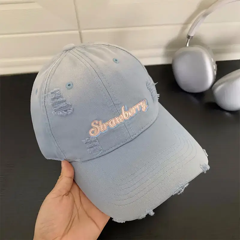 Women Distressed Baseball Cap Wide Brim Light Blue 2025 - Image 5
