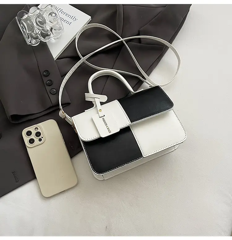 Women's Small Square Handbag White Black Leather Tote 2026 — feature 17