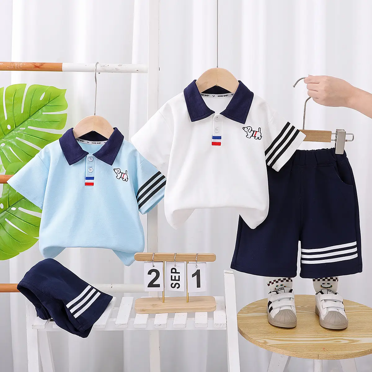 Children's Boys Polo Shirt Shorts Set White Navy 2025 - Image 3