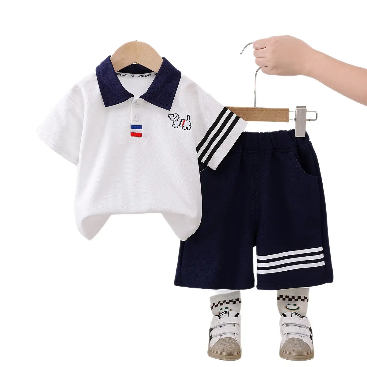 Children's Boys Polo Shirt Shorts Set White Navy 2025 - Image 5