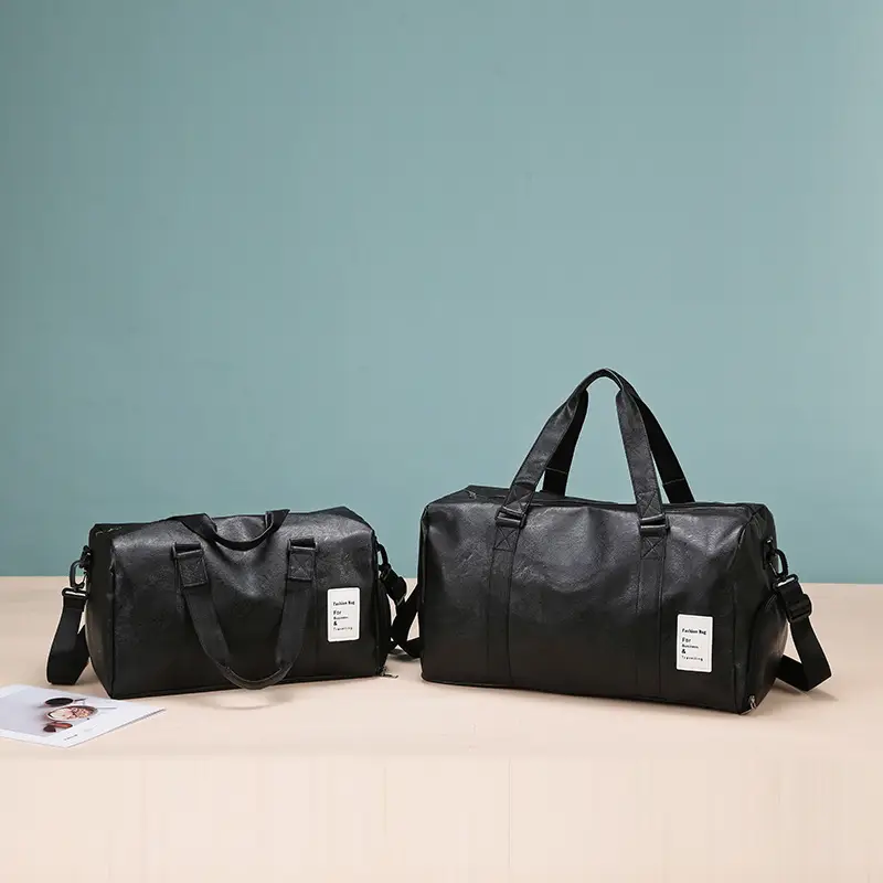 Black Leather Large Capacity Fitness Travel Bag - Image 3