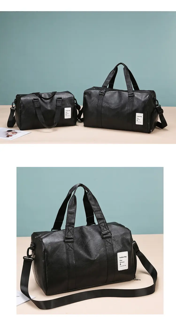 Black Leather Large Capacity Fitness Travel Bag — feature 14