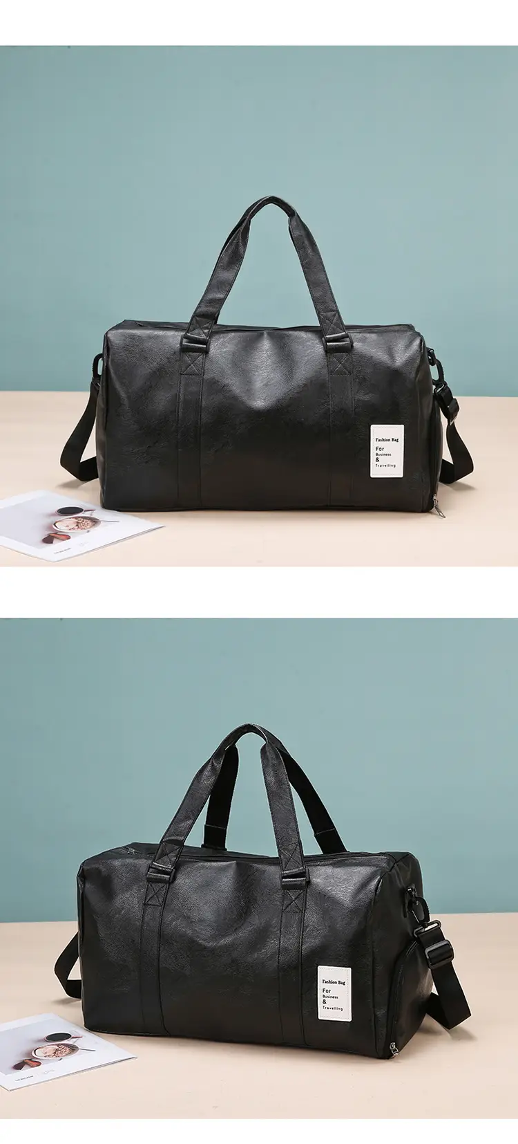 Black Leather Large Capacity Fitness Travel Bag — feature 15