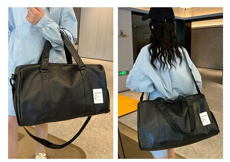 Black Leather Large Capacity Fitness Travel Bag — feature 19