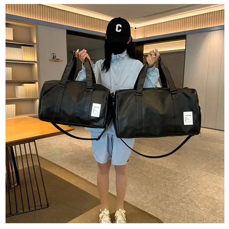 Black Leather Large Capacity Fitness Travel Bag — feature 28