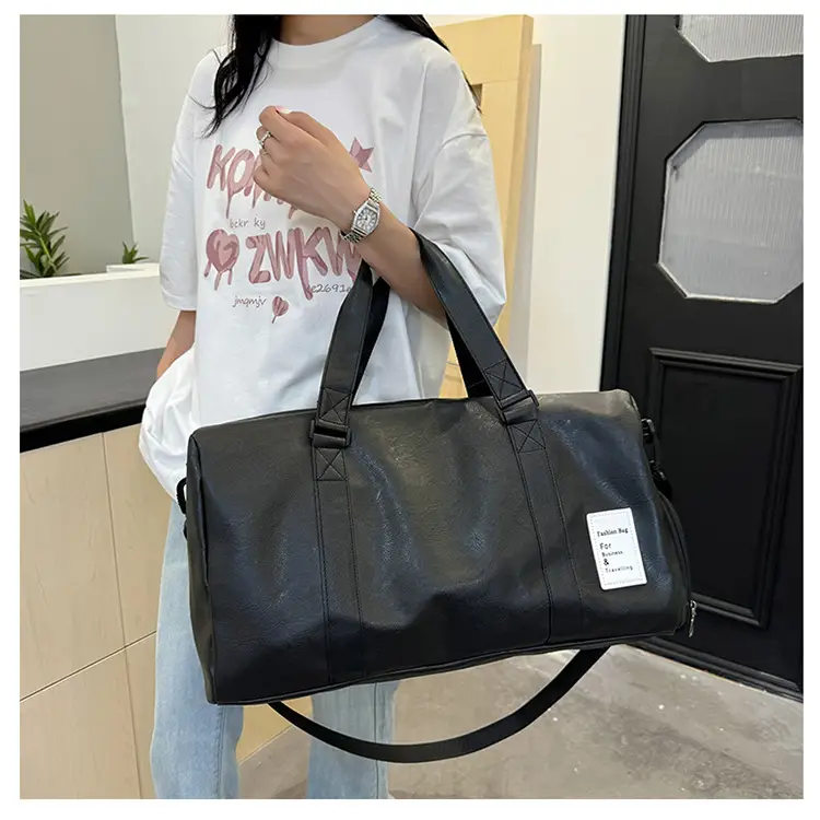 Black Leather Large Capacity Fitness Travel Bag — feature 35