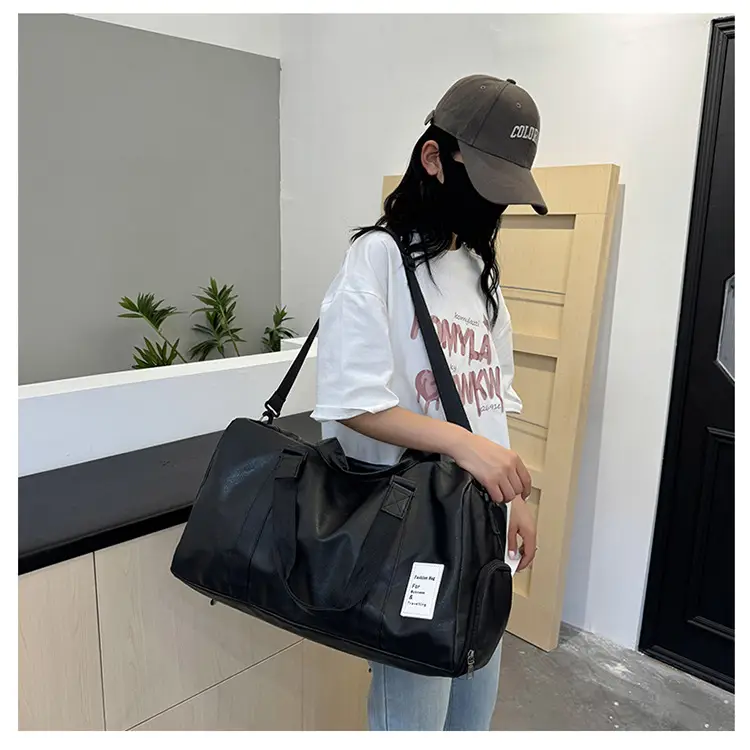 Black Leather Large Capacity Fitness Travel Bag — feature 40
