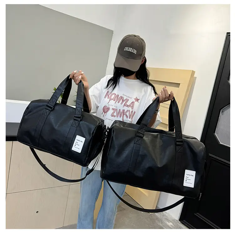 Black Leather Large Capacity Fitness Travel Bag — feature 41