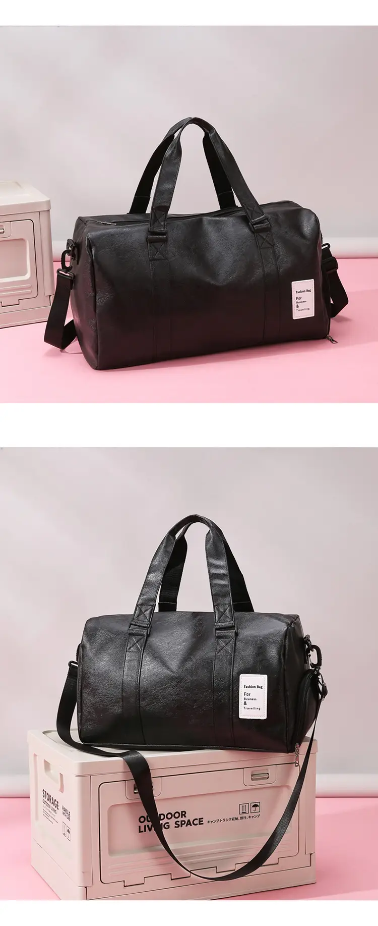Black Leather Large Capacity Fitness Travel Bag — feature 8