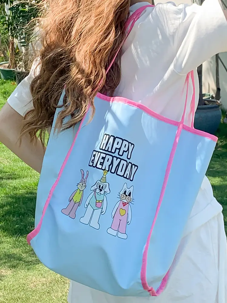 Women Cartoon Embroidered Shoulder Bag Light Blue Pink - Image 6