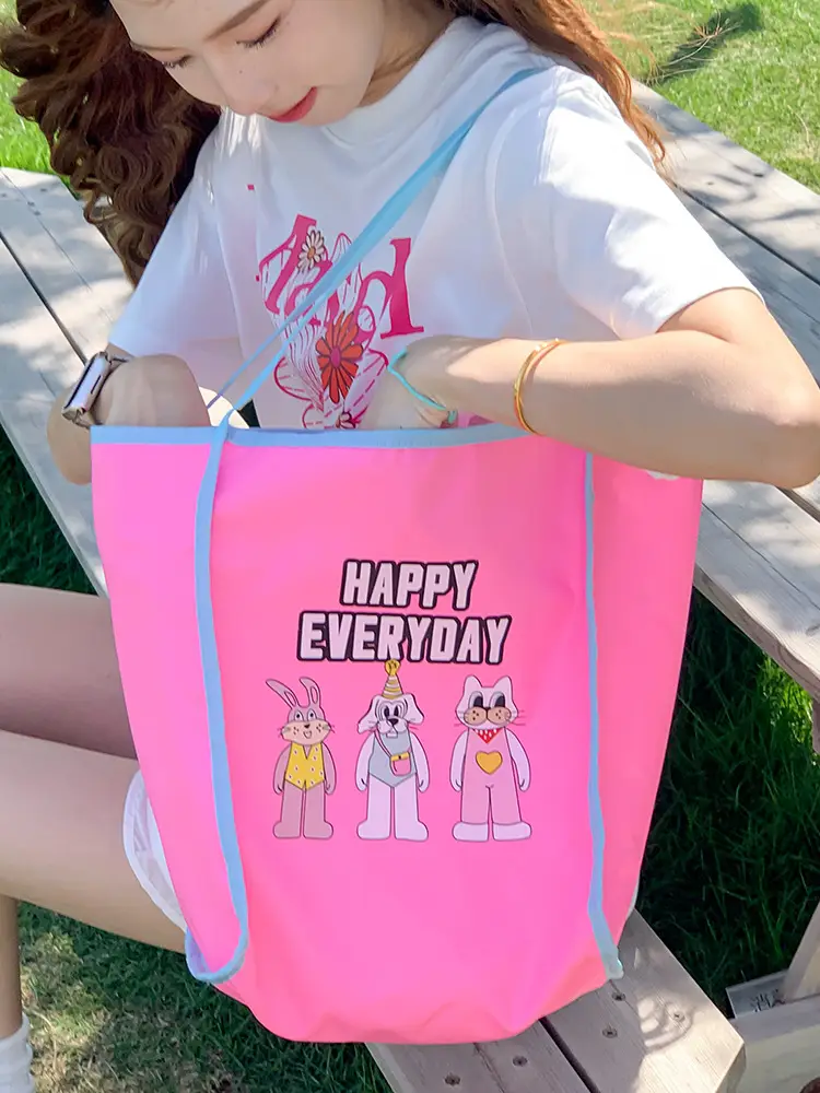 Women Cartoon Embroidered Shoulder Bag Light Blue Pink - Image 7