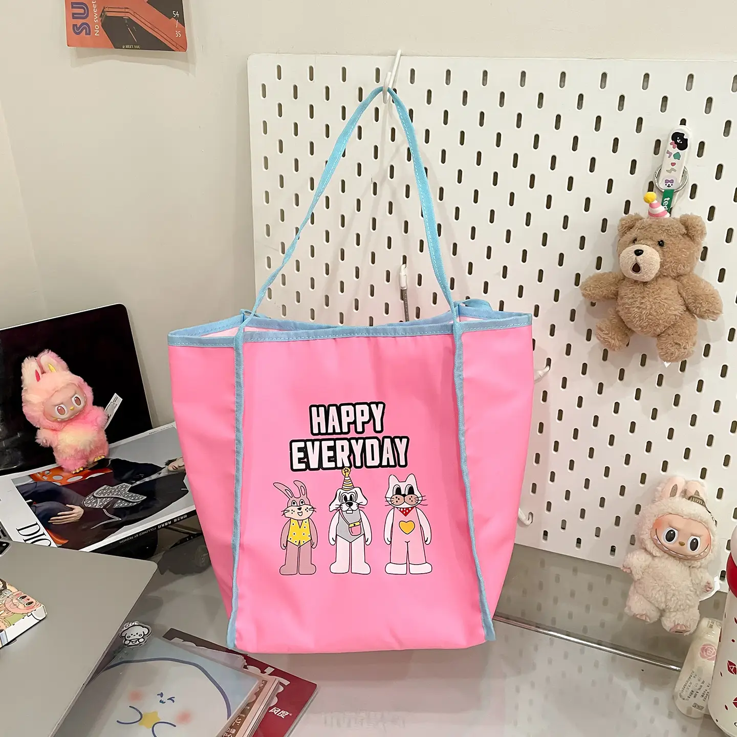 Women Cartoon Embroidered Shoulder Bag Light Blue Pink - Image 2
