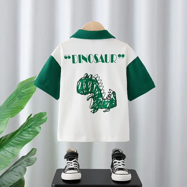 Boys Polo T-Shirt White Green Dino Print 2025 - Image 3