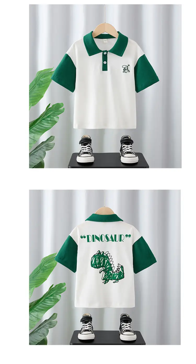 Boys Polo T-Shirt White Green Dino Print 2025 — feature 9