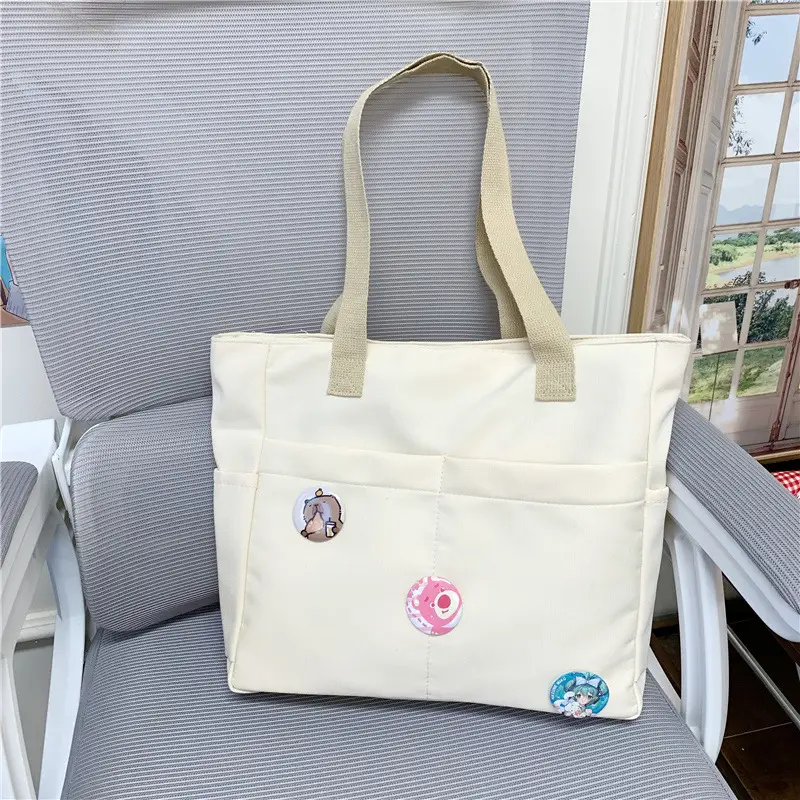 Japanese Zipper Tote Bag Cream Art Decorated