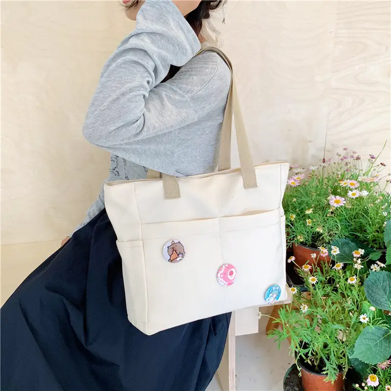 Japanese Zipper Tote Bag Cream Art Decorated