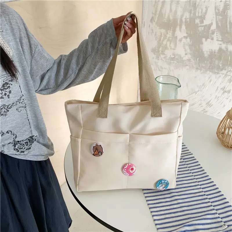 Japanese Zipper Tote Bag Cream Art Decorated