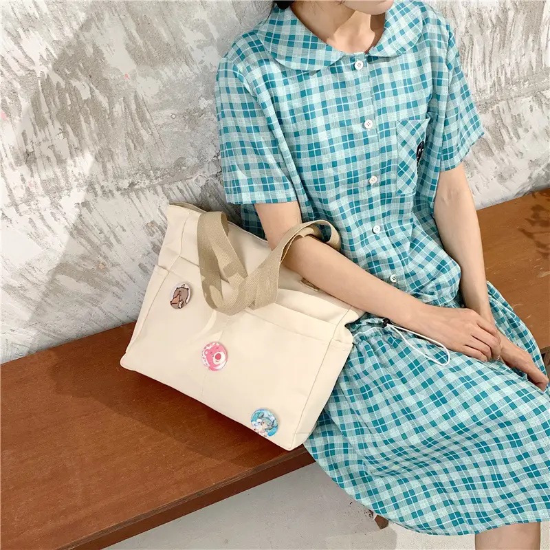Japanese Zipper Tote Bag Cream Art Decorated