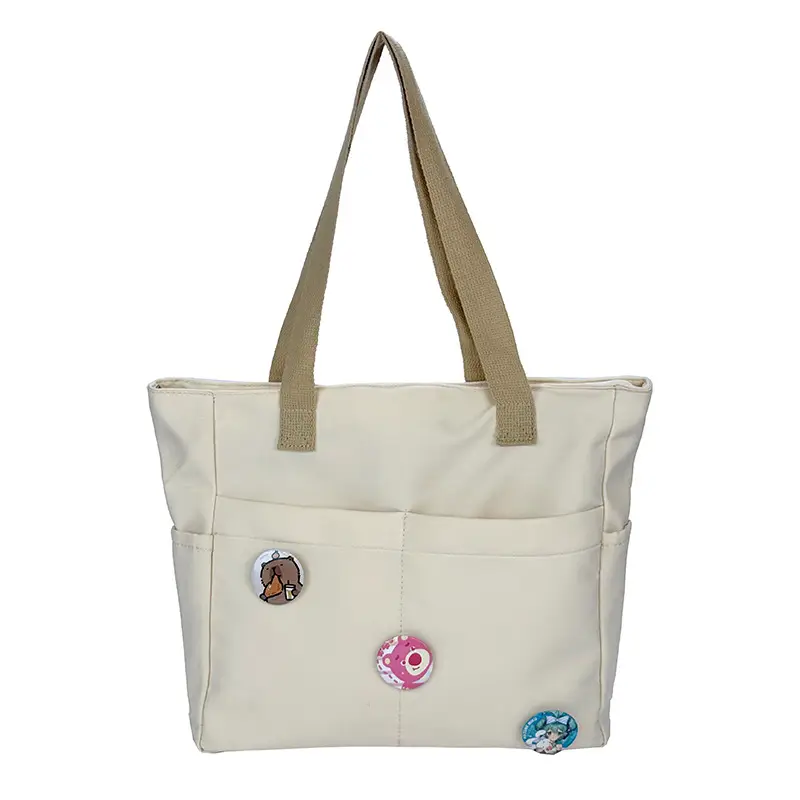 Japanese Zipper Tote Bag Cream Art Decorated