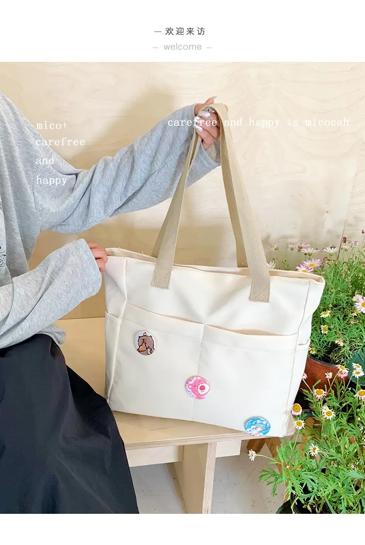 Japanese Zipper Tote Bag Cream Art Decorated — feature 1
