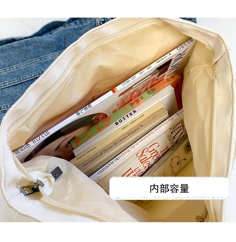 Japanese Zipper Tote Bag Cream Art Decorated — feature 10