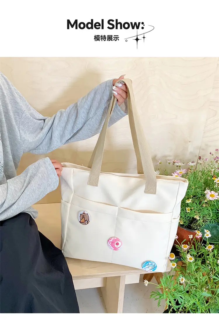 Japanese Zipper Tote Bag Cream Art Decorated — feature 11