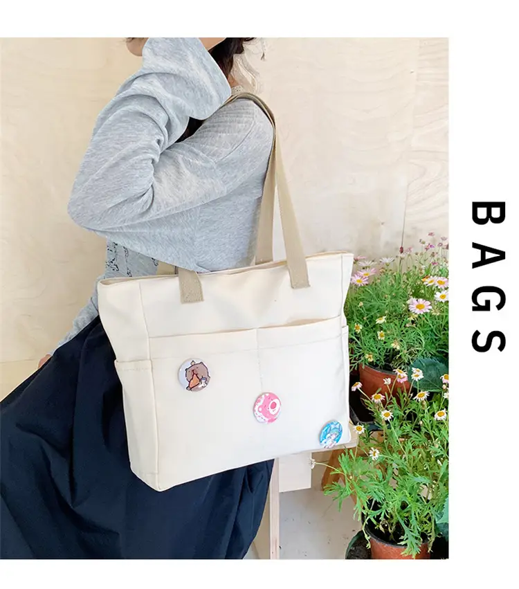 Japanese Zipper Tote Bag Cream Art Decorated — feature 12