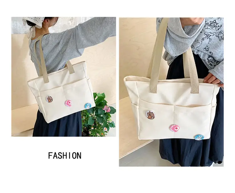 Japanese Zipper Tote Bag Cream Art Decorated — feature 13