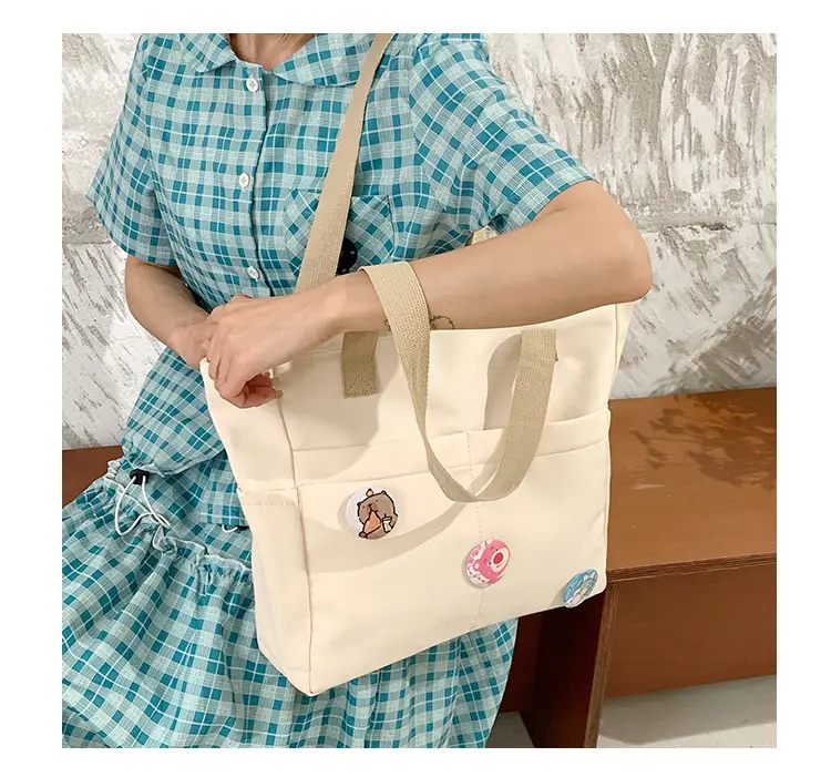 Japanese Zipper Tote Bag Cream Art Decorated — feature 22