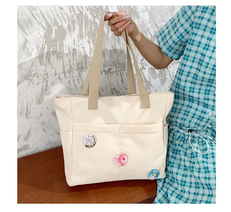 Japanese Zipper Tote Bag Cream Art Decorated — feature 23