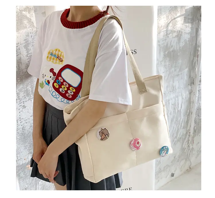 Japanese Zipper Tote Bag Cream Art Decorated — feature 26