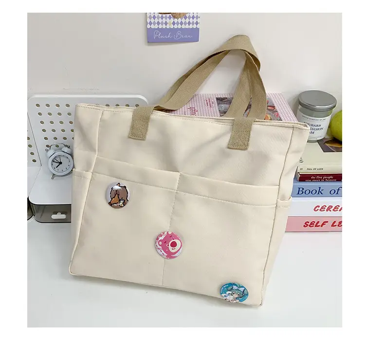 Japanese Zipper Tote Bag Cream Art Decorated — feature 31