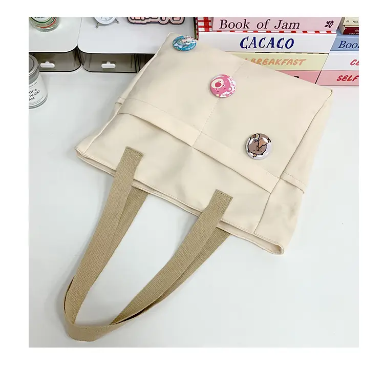 Japanese Zipper Tote Bag Cream Art Decorated — feature 32