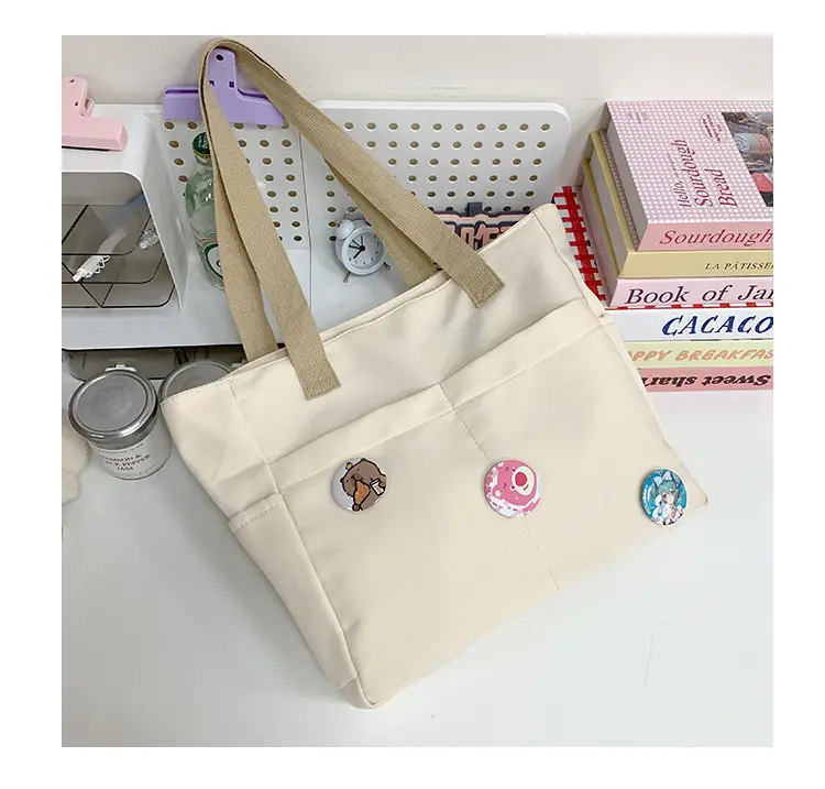 Japanese Zipper Tote Bag Cream Art Decorated — feature 33