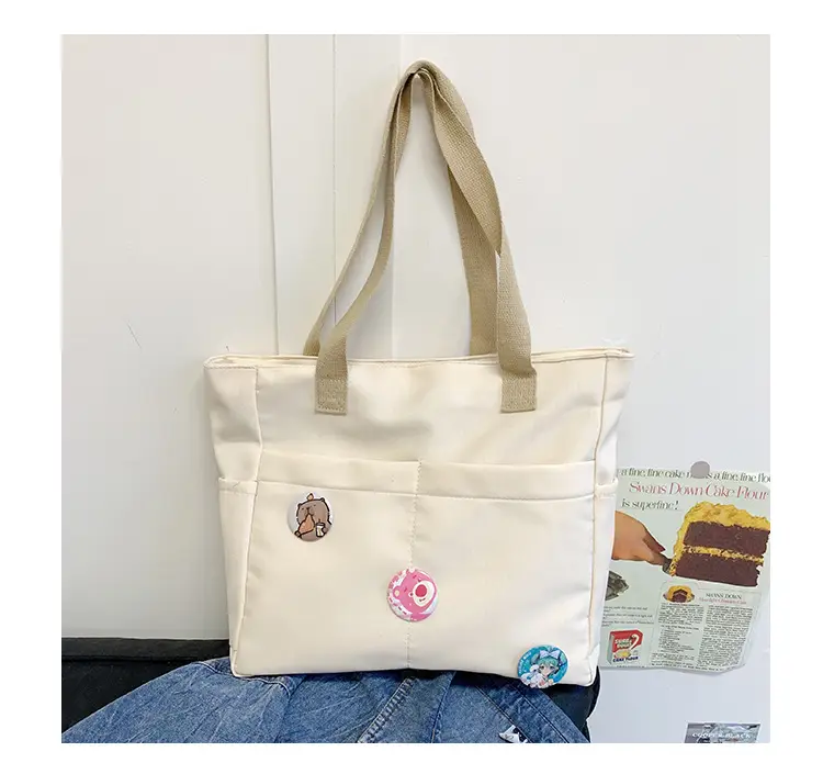 Japanese Zipper Tote Bag Cream Art Decorated — feature 34