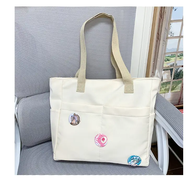 Japanese Zipper Tote Bag Cream Art Decorated — feature 36