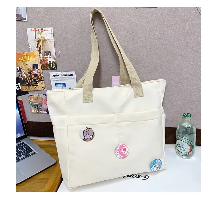 Japanese Zipper Tote Bag Cream Art Decorated — feature 37