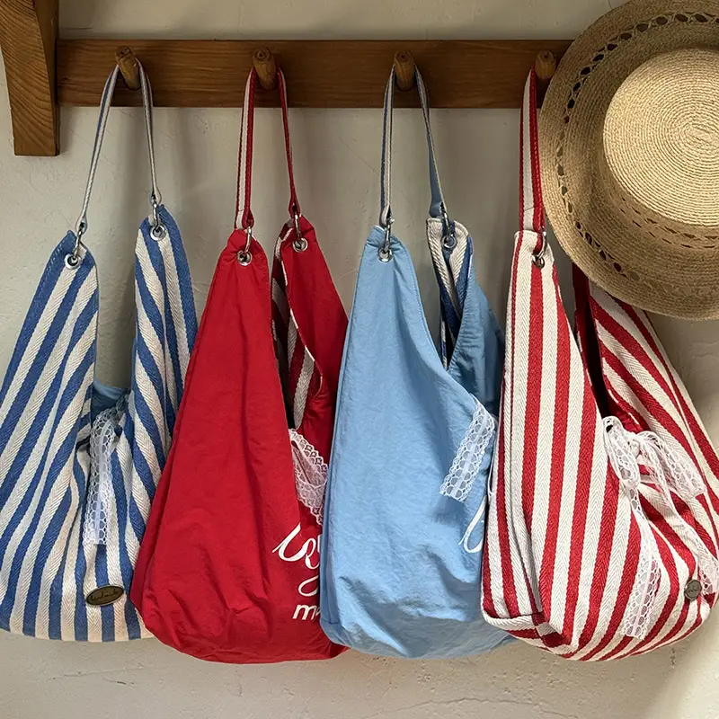 Women Striped Canvas Shoulder Bag Red White 2025 - Image 5